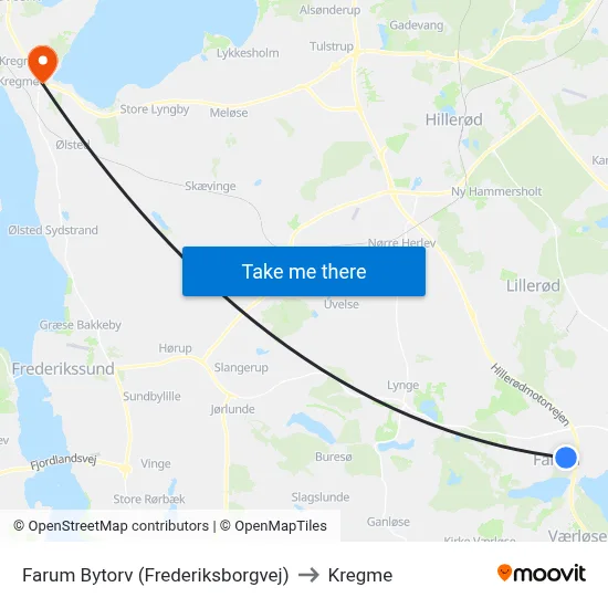 Farum Bytorv (Frederiksborgvej) to Kregme map