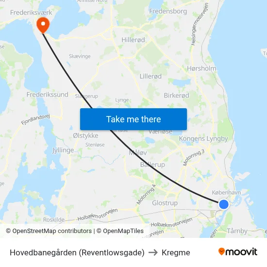 Hovedbanegården (Reventlowsgade) to Kregme map