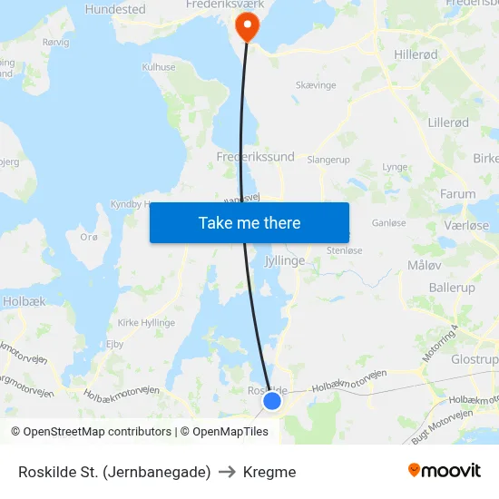 Roskilde St. (Jernbanegade) to Kregme map