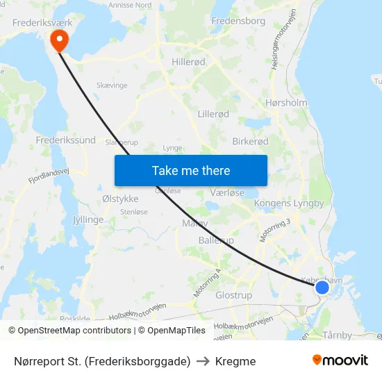 Nørreport St. (Frederiksborggade) to Kregme map