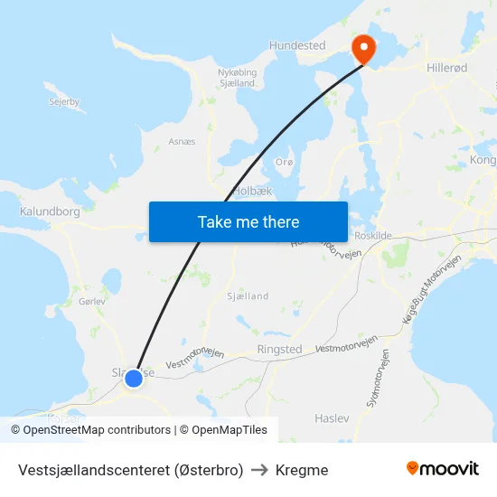 Vestsjællandscenteret (Østerbro) to Kregme map