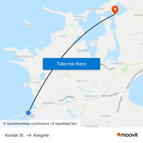 Korsør St. to Kregme map