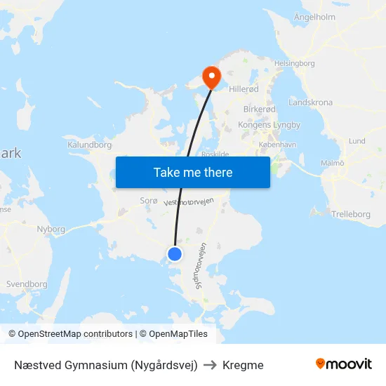Næstved Gymnasium (Nygårdsvej) to Kregme map