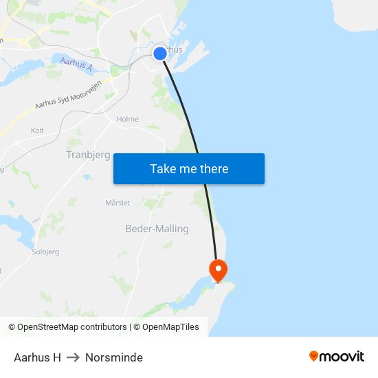 Aarhus H to Norsminde map