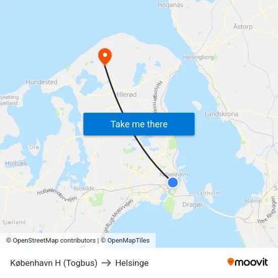 København H (Togbus) to Helsinge map