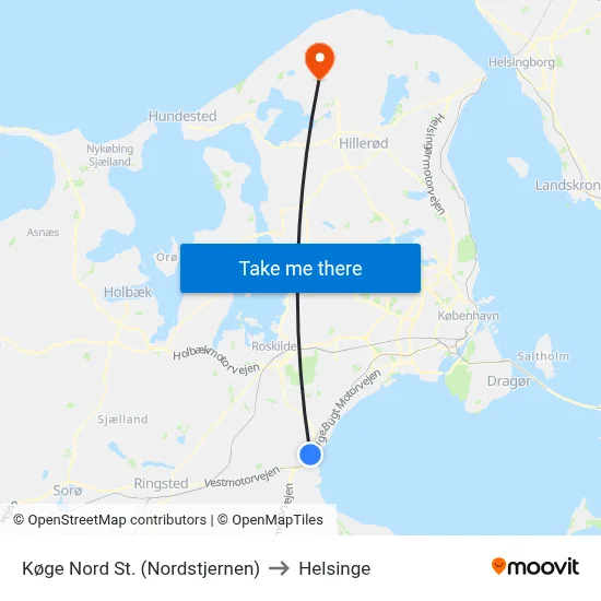 Køge Nord St. (Nordstjernen) to Helsinge map