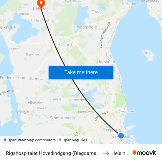 Rigshospitalet Hovedindgang (Blegdamsvej) to Helsinge map
