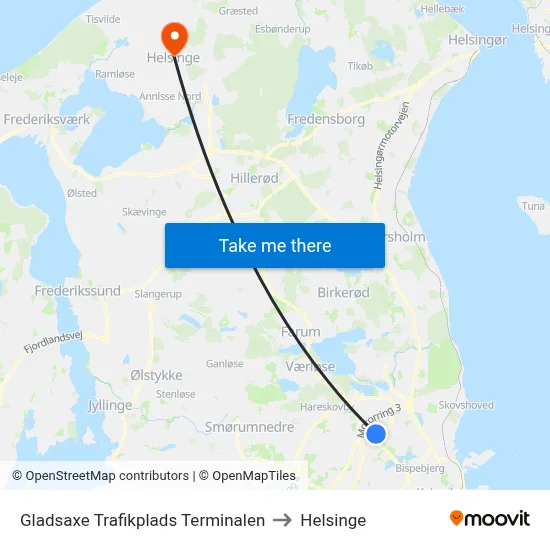 Gladsaxe Trafikplads Terminalen to Helsinge map