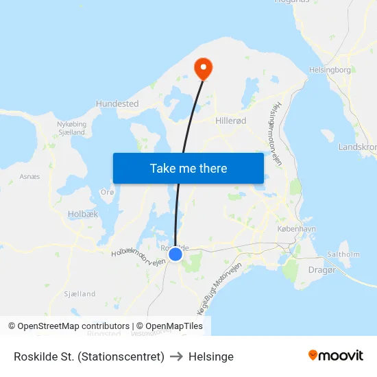 Roskilde St. (Stationscentret) to Helsinge map