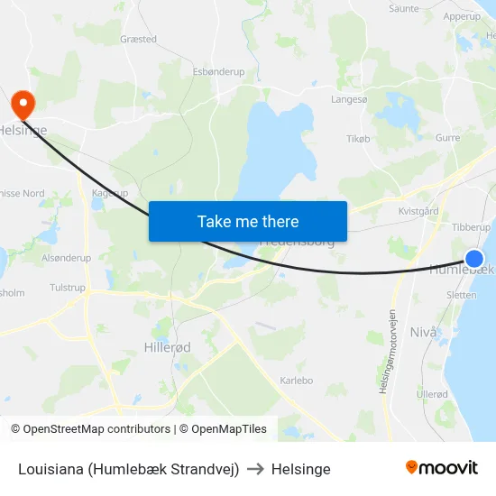 Louisiana (Humlebæk Strandvej) to Helsinge map