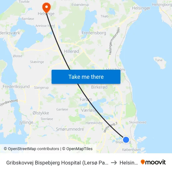 Gribskovvej Bispebjerg Hospital (Lersø Parkallé) to Helsinge map