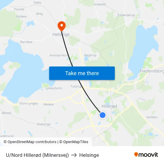 U/Nord Hillerød (Milnersvej) to Helsinge map