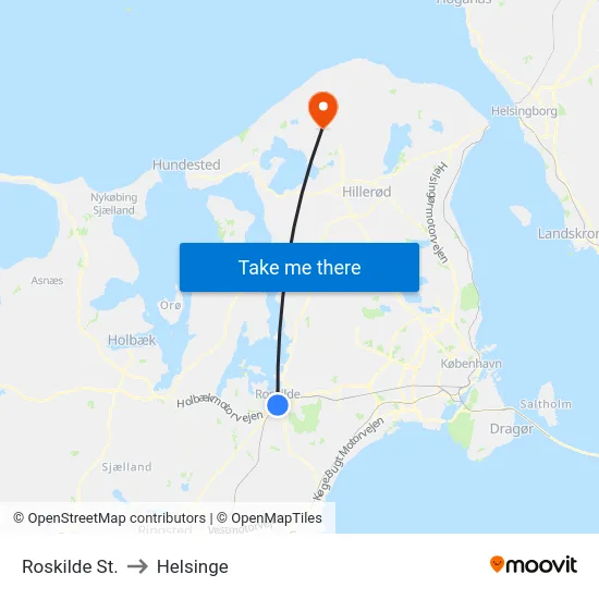 Roskilde St. to Helsinge map