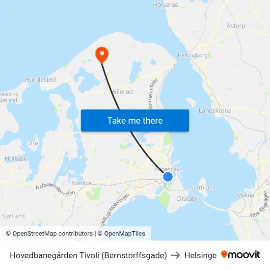 Hovedbanegården Tivoli (Bernstorffsgade) to Helsinge map
