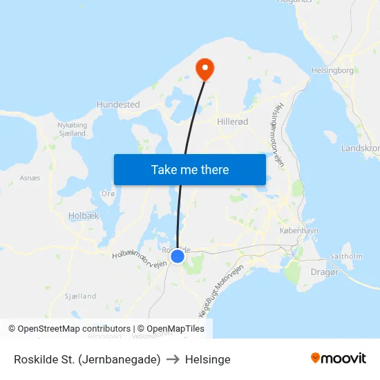 Roskilde St. (Jernbanegade) to Helsinge map