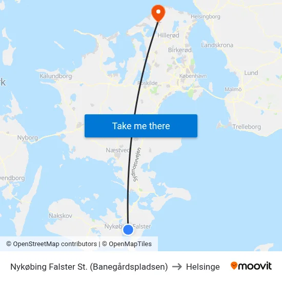 Nykøbing Falster St. (Banegårdspladsen) to Helsinge map