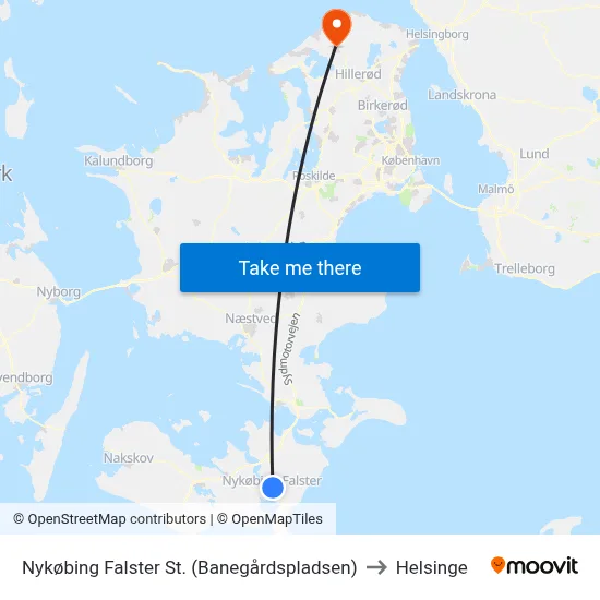 Nykøbing Falster St. (Banegårdspladsen) to Helsinge map