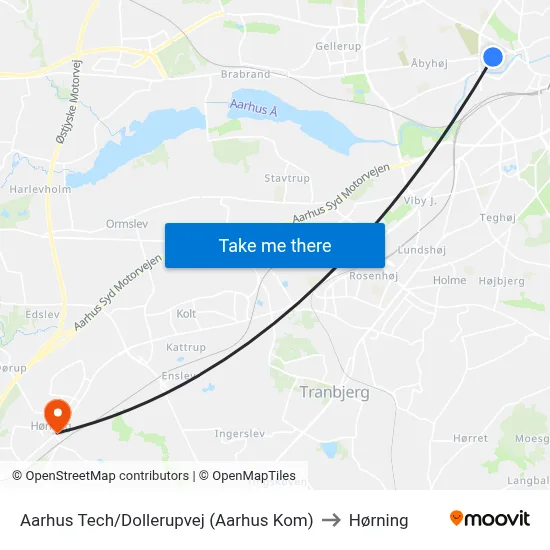 Aarhus Tech/Dollerupvej (Aarhus Kom) to Hørning map