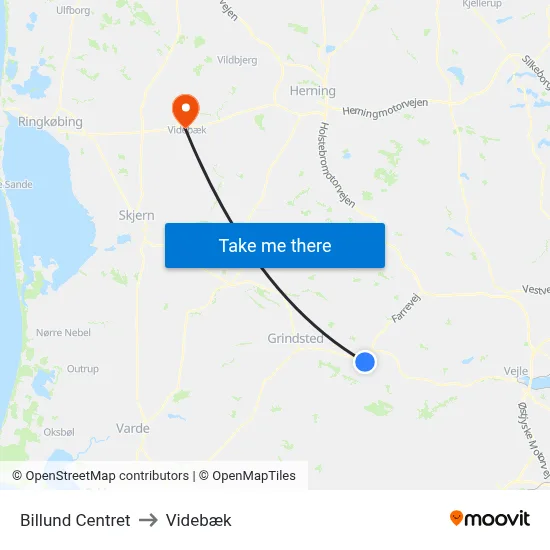 Billund Centret to Videbæk map