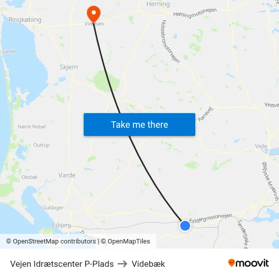 Vejen Idrætscenter P-Plads to Videbæk map