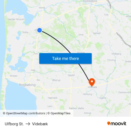 Ulfborg St. to Videbæk map