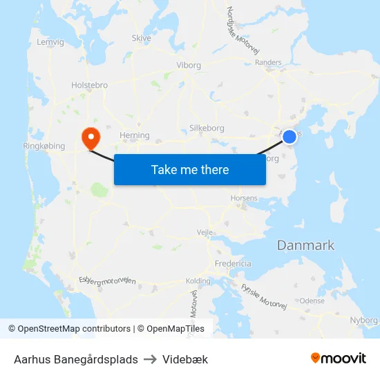 Aarhus Banegårdsplads to Videbæk map