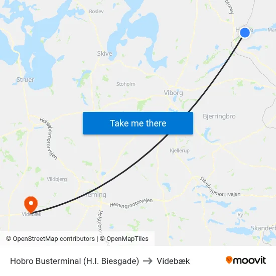 Hobro Busterminal (H.I. Biesgade) to Videbæk map