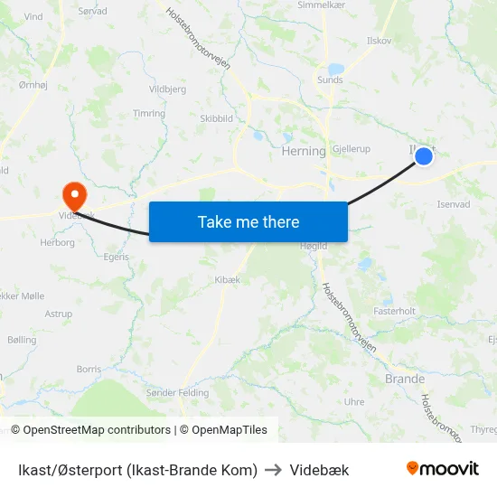 Ikast/Østerport (Ikast-Brande Kom) to Videbæk map