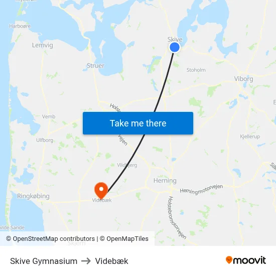 Skive Gymnasium to Videbæk map