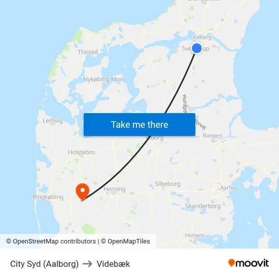 City Syd (Aalborg) to Videbæk map