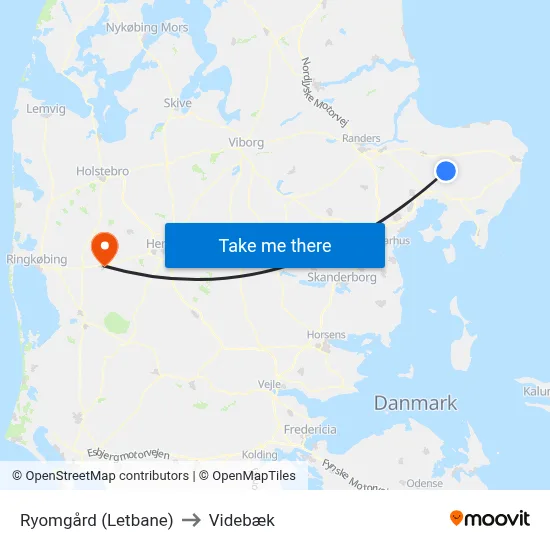Ryomgård (Letbane) to Videbæk map