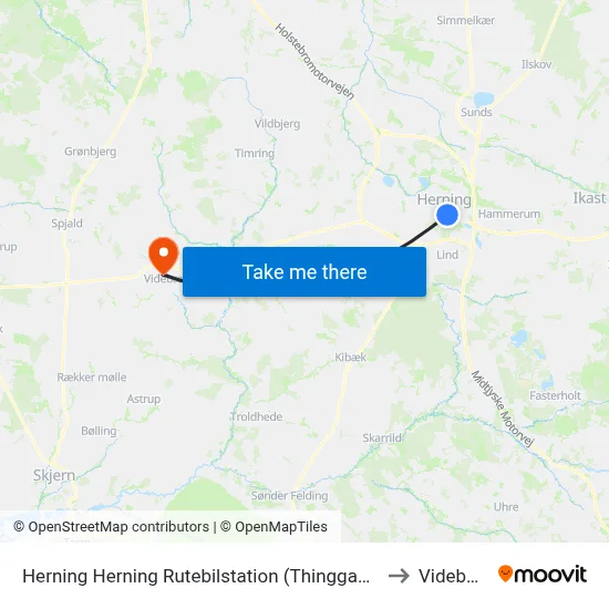 Herning Herning Rutebilstation (Thinggaard) to Videbæk map
