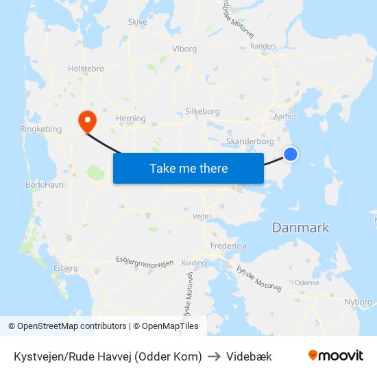 Kystvejen/Rude Havvej (Odder Kom) to Videbæk map