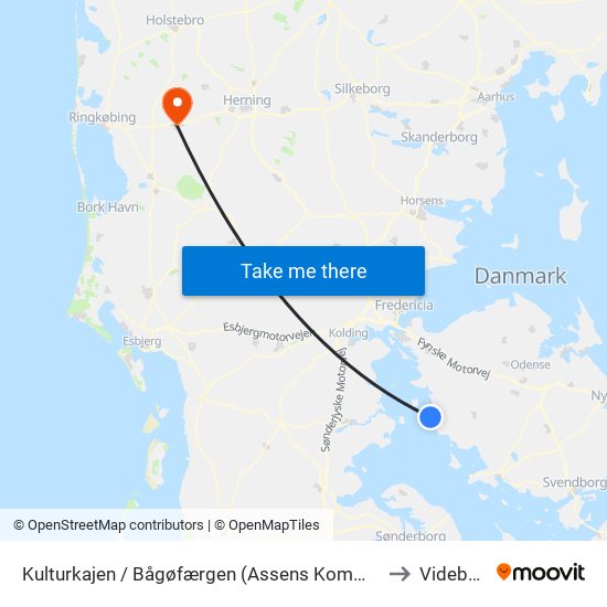 Kulturkajen / Bågøfærgen (Assens Kommune) to Videbæk map