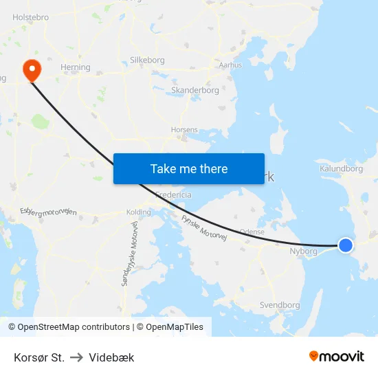 Korsør St. to Videbæk map