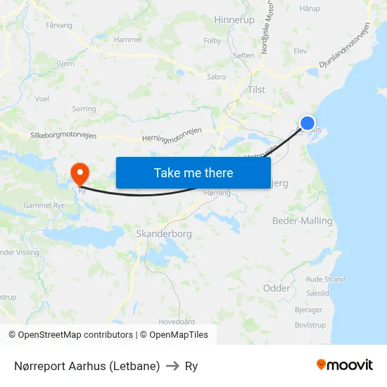 Nørreport Aarhus (Letbane) to Ry map