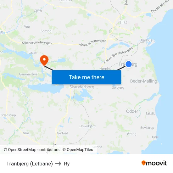 Tranbjerg (Letbane) to Ry map