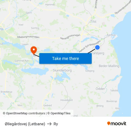 Øllegårdsvej (Letbane) to Ry map