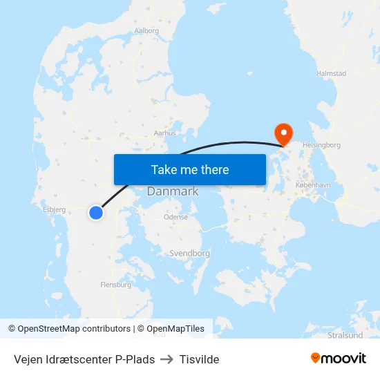 Vejen Idrætscenter P-Plads to Tisvilde map
