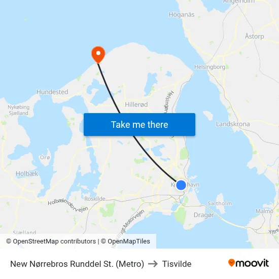 New Nørrebros Runddel St. (Metro) to Tisvilde map