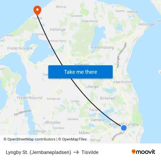 Lyngby St. (Jernbanepladsen) to Tisvilde map