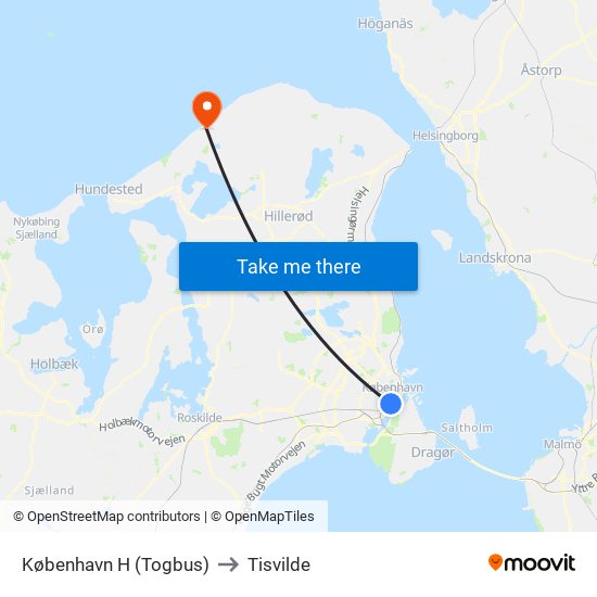 København H (Togbus) to Tisvilde map