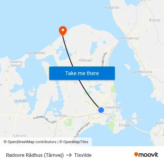 Rødovre Rådhus (Tårnvej) to Tisvilde map