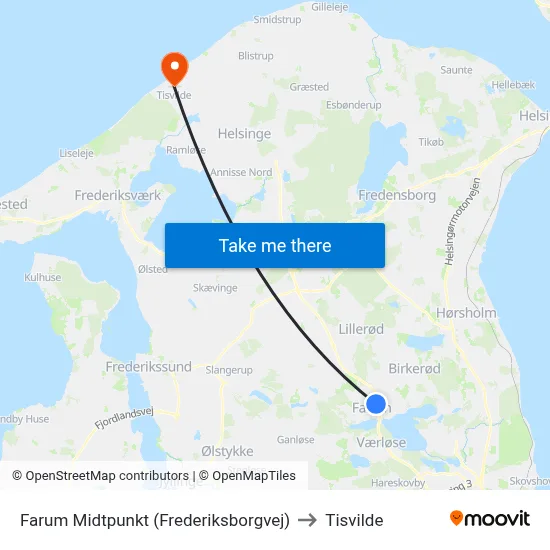 Farum Midtpunkt (Frederiksborgvej) to Tisvilde map