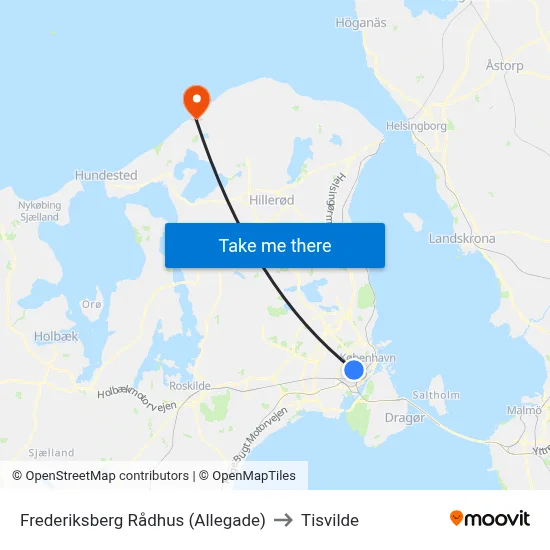Frederiksberg Rådhus (Allegade) to Tisvilde map