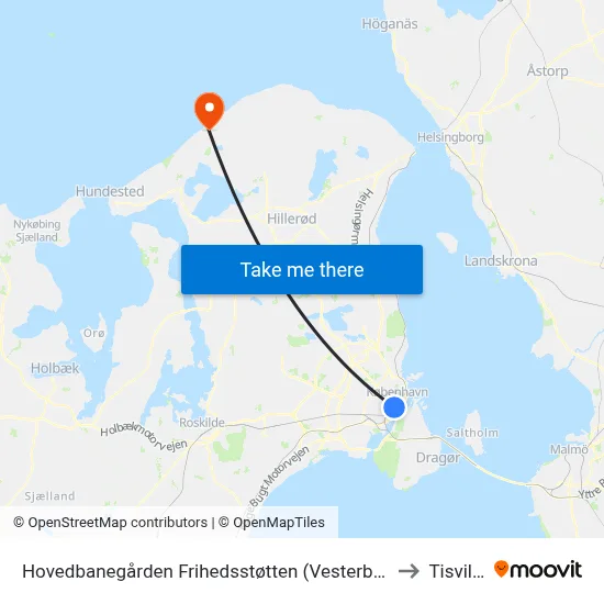 Hovedbanegården Frihedsstøtten (Vesterbrogade) to Tisvilde map