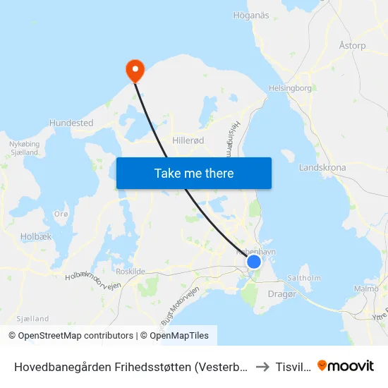 Hovedbanegården Frihedsstøtten (Vesterbrogade) to Tisvilde map