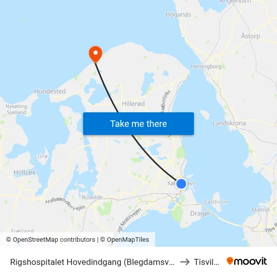Rigshospitalet Hovedindgang (Blegdamsvej) to Tisvilde map