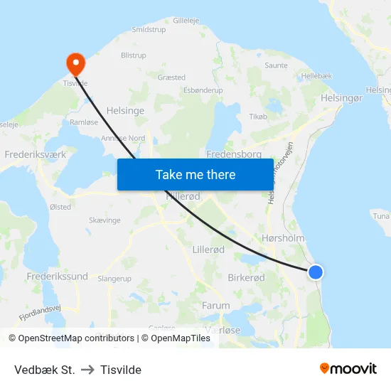 Vedbæk St. to Tisvilde map