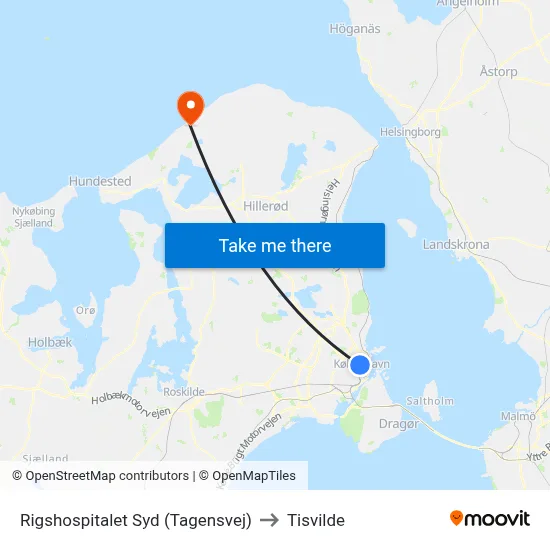 Rigshospitalet Syd (Tagensvej) to Tisvilde map